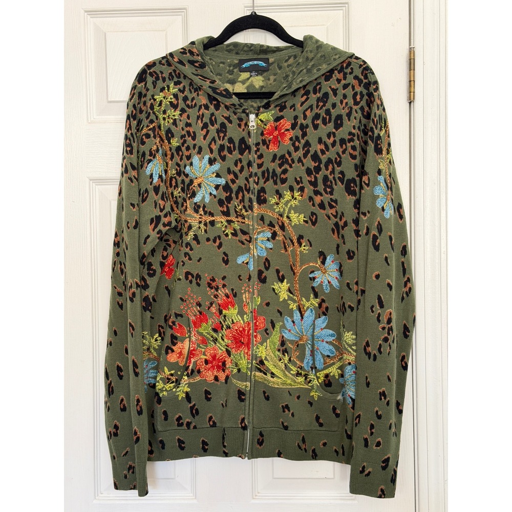 Til The End Y2K 3X Olive Leopard Floral Embroidered Zip Up Hoodie Sweater 90s